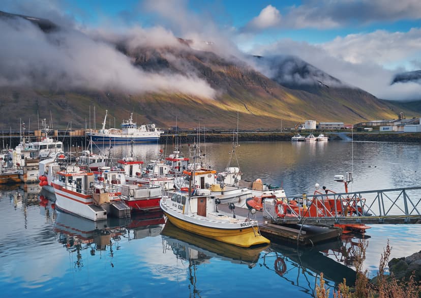 Fishing boats docked in the harbor of Bolungarvík, Iceland, with mountains and low clouds in the background.