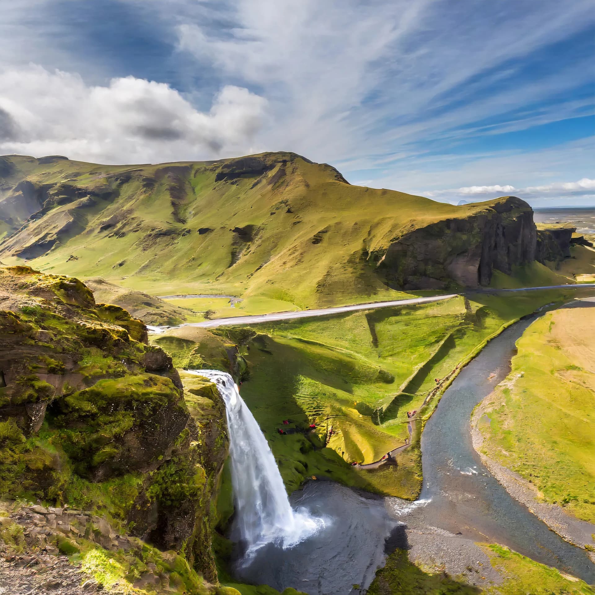 The Fimmvörðuháls trail above Skogafoss Iceland.