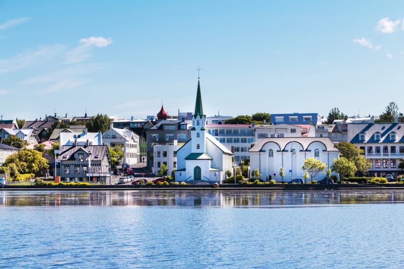 Reykjavik, Iceland city scape - lake quay in city center.