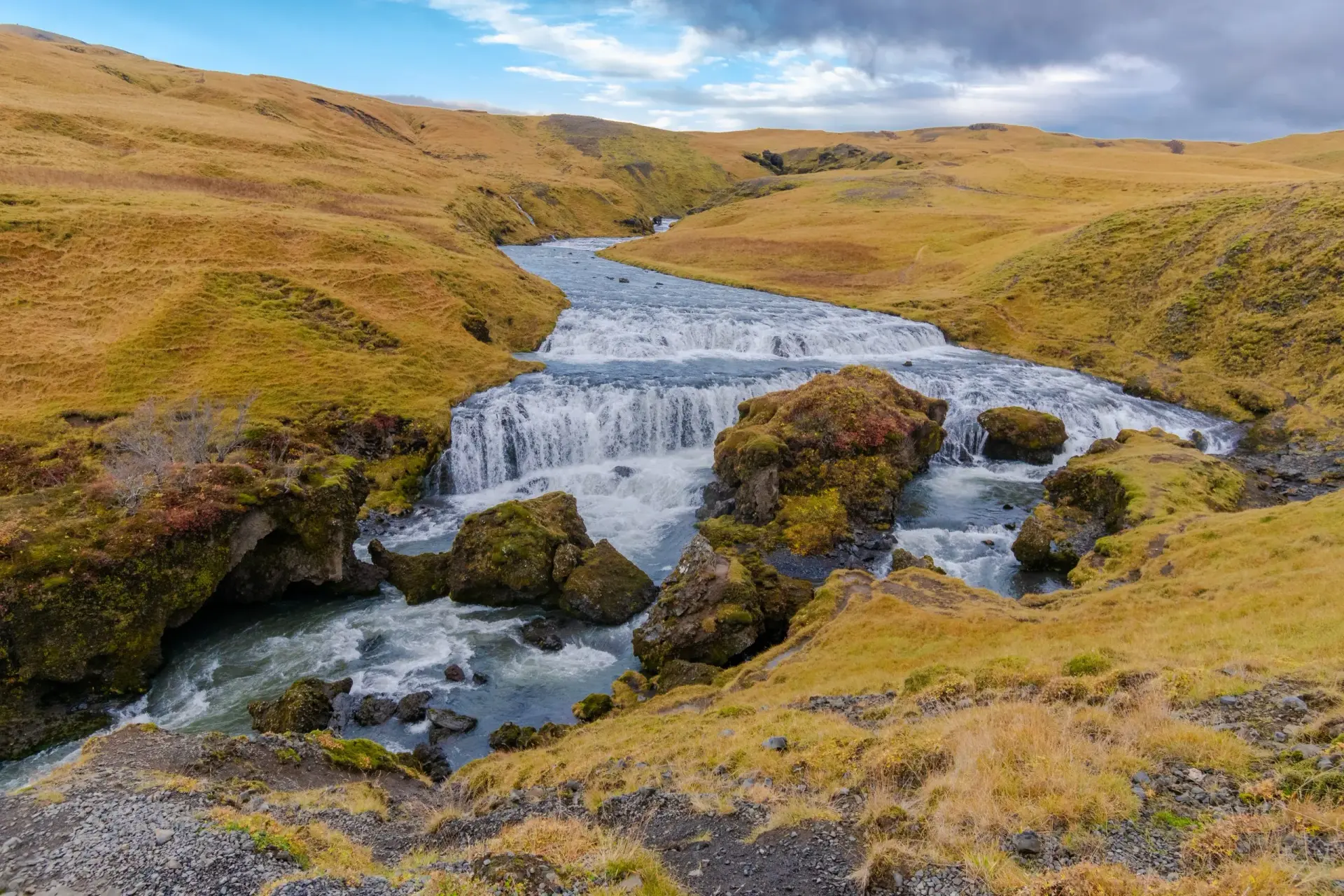 the Fimmvorduhals Trailhead
to the canyon at Skogafoss waterfall on Iceland