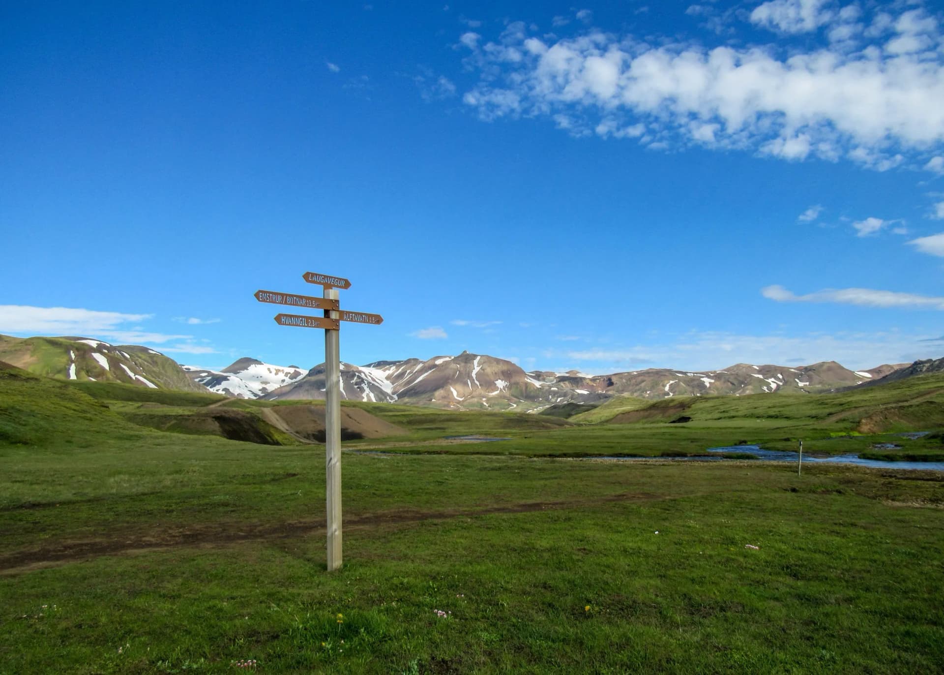 Laugavegur hiking trail marker sign post with directions to Emstrur-Botnar, Alftavatn, Hvanngil, Highlands of Iceland