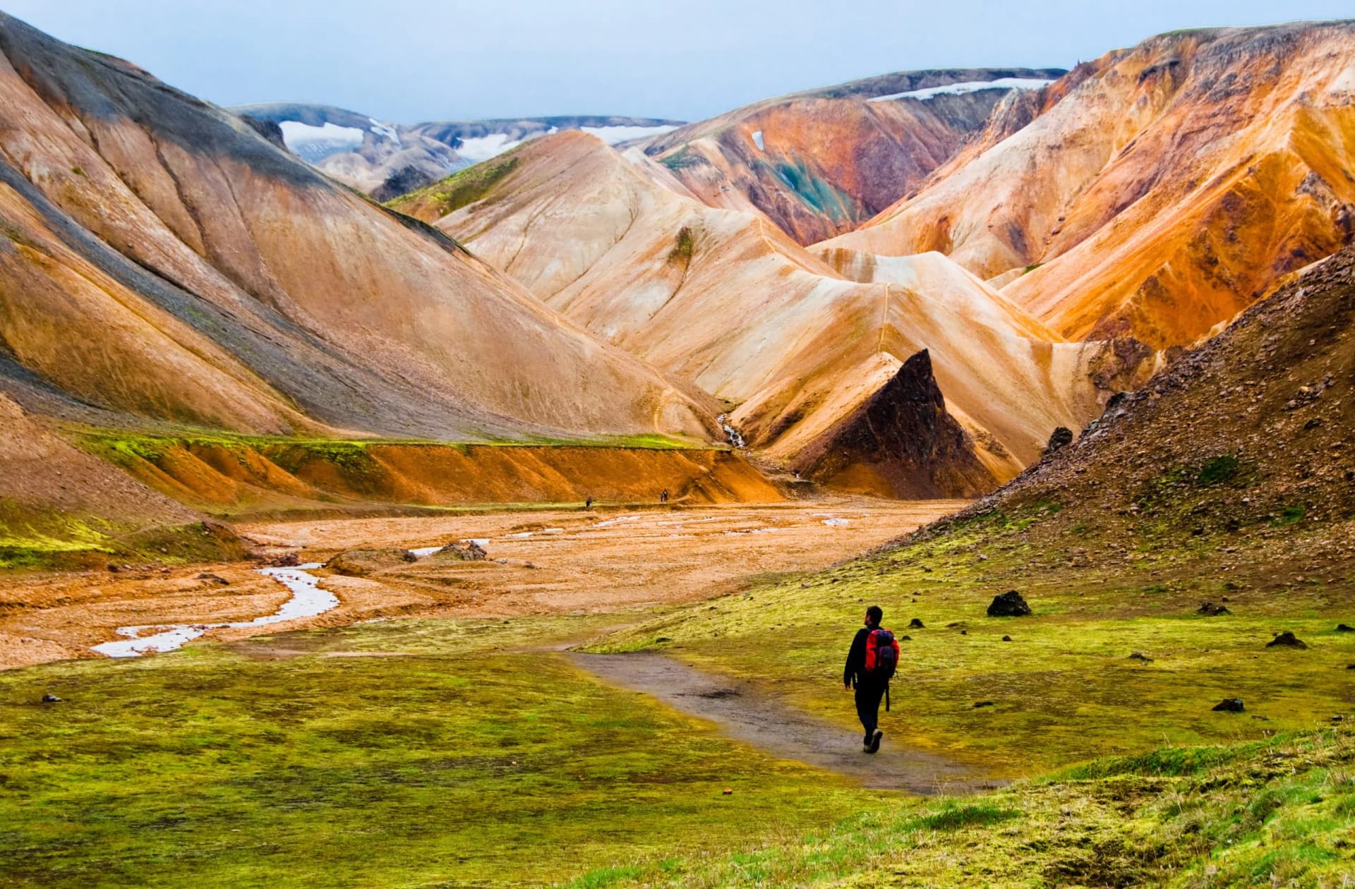 Hiker walking toward colorful rhyolite mountains and stream in Landmannalaugar, Iceland.